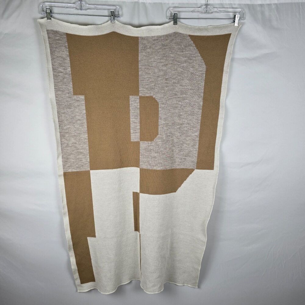 BaubleBar Acrylic Throw Blanket Letter P Colorblock Tan White 55" x 36"